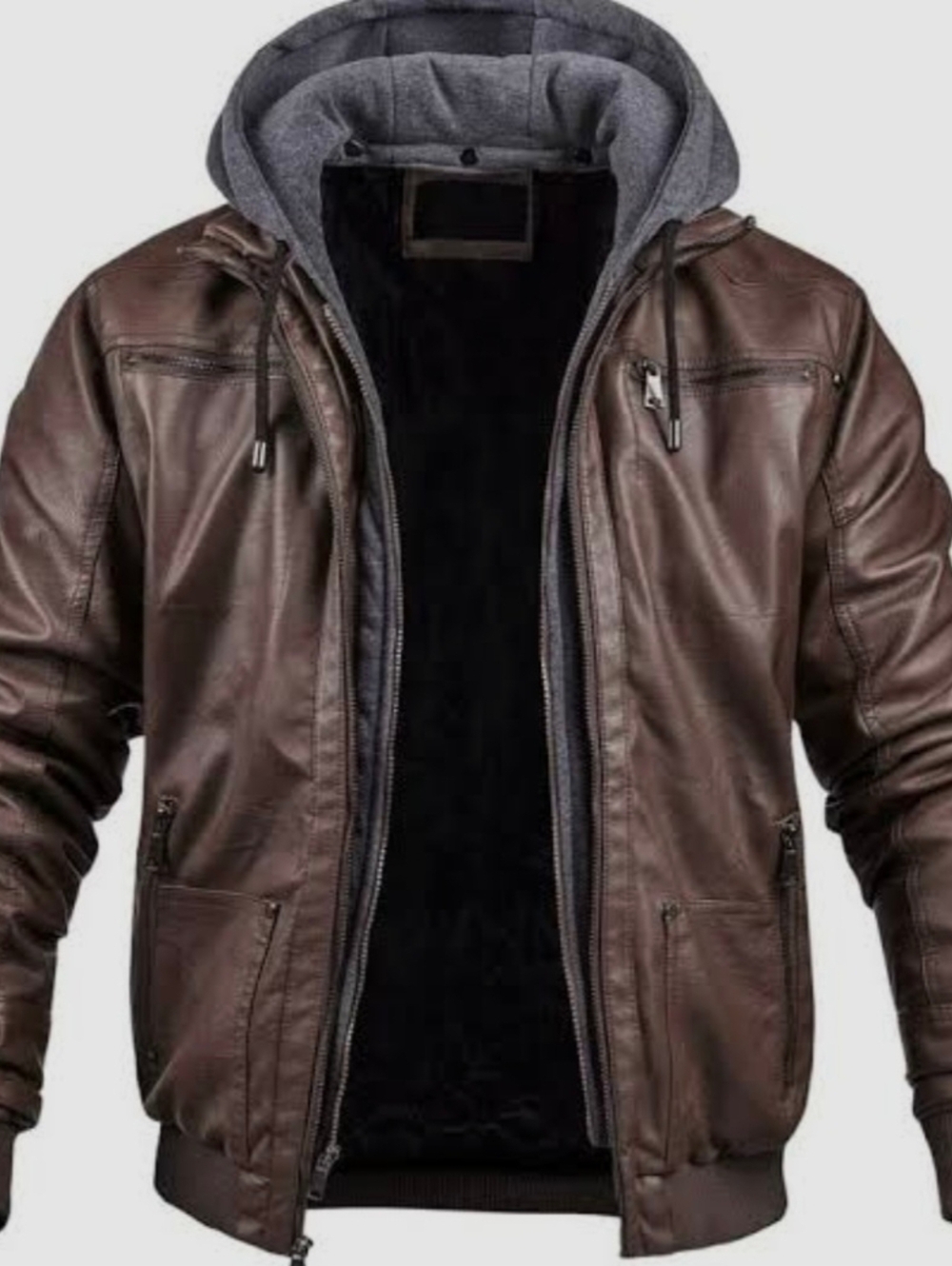 🔥NWT Creatmo US 2-in-1 Hooded Moto Bomber – Rugged Brown Faux Leather –size XL
